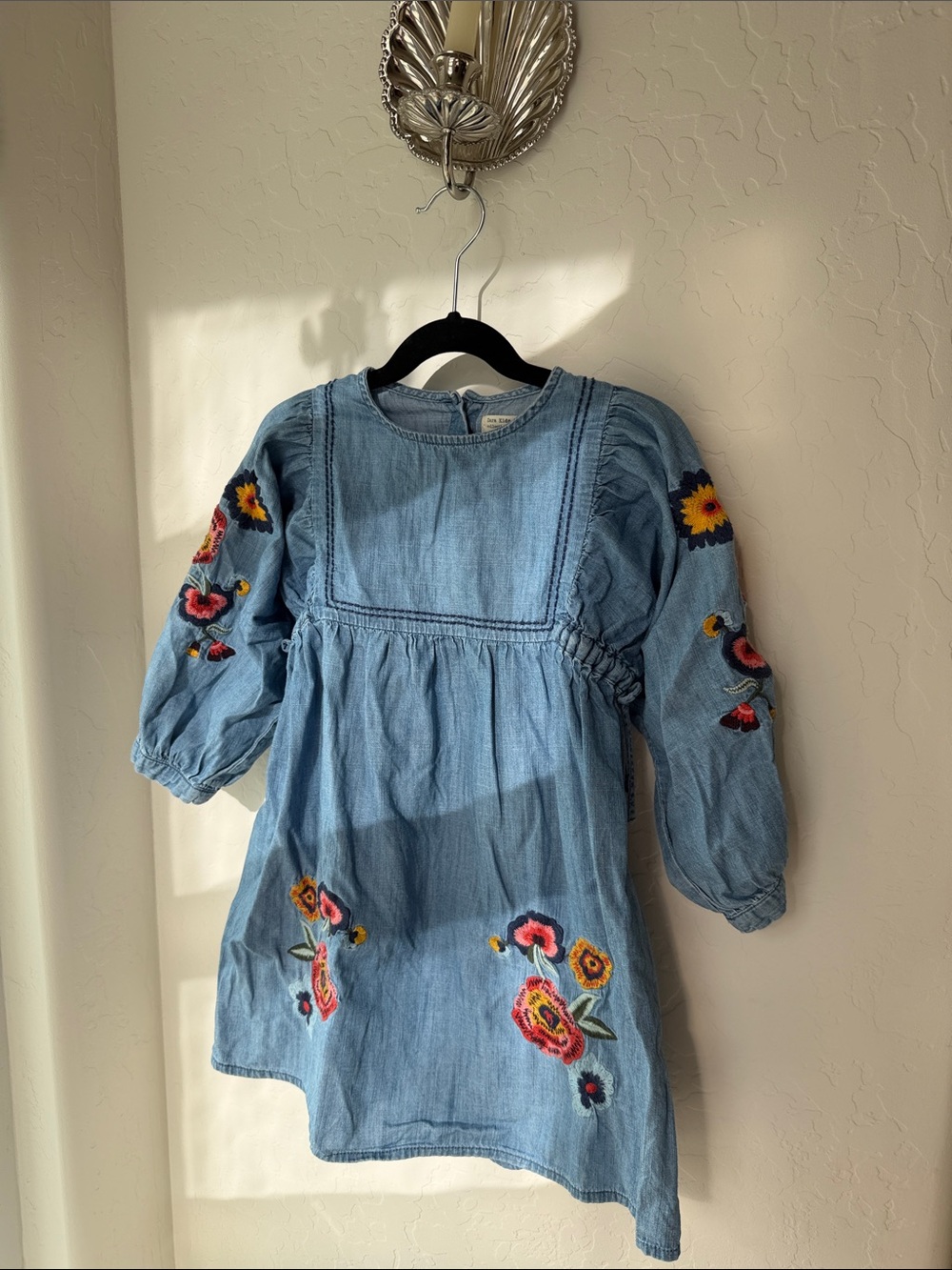 Zara Light Blue Denim Dress with Multicolor Floral Embroidery